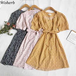 Vintage Dress for Women Fashion Summer Elegant Vestidos Square Collar Puff Sleeve Sexy Hollow Out Lace Up Slim Dresses 210519