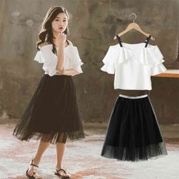 Summer Children Sets Casual Strap Short Sleeve Ruffles Whtie Solid Black Mesh Skirt 2Pcs Girls Clothes 3-12T 210629