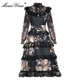 Fashion Designer dress Autumn Women's Dress Stand Collar Long sleeve Lace Cascading Ruffle Floral Print Dresses 210524