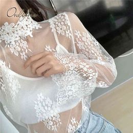 Summer Women White Lace Sext Tops Long Sleeve See Through Mesh Transparent Blouse Shirt 210415