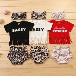 Baby Clothing Set Tassel Letter Short Sleeve T-Shirt Top + Leopard Shorts With Headbands 3Pcs/Set Toddler Infants Outfits M3496