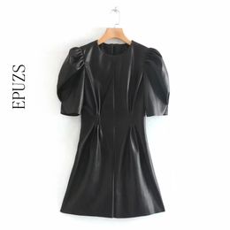 Vitage Slow Sleeve Pu Leger Vestido Mulheres Elegante Sexy Mini Black Coreano Vestidos Escritórios Trabalho Casual EsCalado 210521