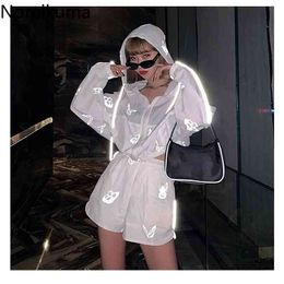Nomikuma Summer Women Sun Protection Short Sets Korean Butterfly Reflection Suits Hooded Cardigan Coat Two Pieces Outfits 6H285 210427