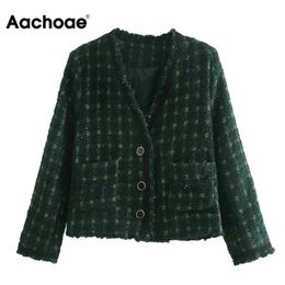 Aachoae Women Vintage V Neck Plaid Jacket With Pockets Ladies Long Sleeve Casual Outerwear Single Breasted Chic Coat 210413