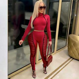 Elegant Sexy Two Piece Set Women Long Sleeve Crop Top and Bodycon Pants Set Party Club Outfits for Women 2 Piece Tracksuit Set Y0625