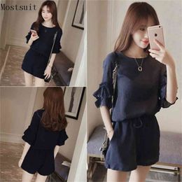 M-4xl Summer Two Piece Set Women Short Sleeve Tops+shorts s Suits Casual Fashion Office Female Plus Size Black Navy 210513