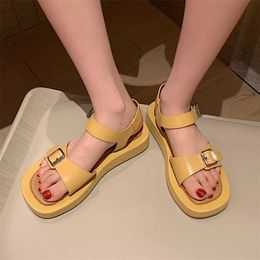 Meotina Women Shoes Genuine Leather Sandals Buckle Flat Platform Sandals Square Toe Cow Leather Ladies Footwear Summer Apricot 210608