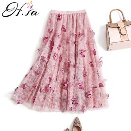 Hsa Women Spring Skirts High Waist Butterfly Embroidery Lining Summer Long Fladas Saias Pink Cute Jupes 210417