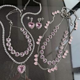 Pink Zircon Bracelet, Earrings & Necklace Set Super Bling & Luxury Wedding Jewelries Big Crystal Stones 18k Platinum Cover Brass