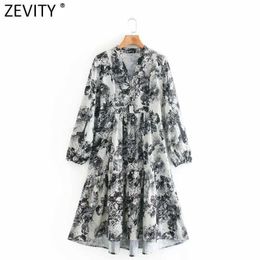Zevity Women Vintage V Neck Ink Painting Butterfly Printing Casual Shirt Dress Female Chic Pleat Ruffles Vestido DS4751 210603
