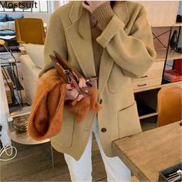 Winter Korean Woollen Women Blazer Jacket Long Sleeve Single-breasted Pockets Coat Elegant Fashion Office Ladies Blazers 210513