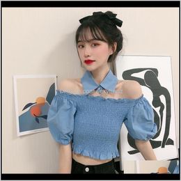 Apparel Drop Delivery 2021 Herstory Summer Korean Style Blouse Womens Slash Short Casual Top Puff Sleeve Bow Patchwork Shirrt Sweet Clothing