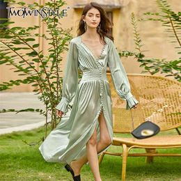 Vintage Tunic Dress For Women V Neck Long Sleeve High Waist Midi Elegant Dresses Female Fall Fashion 210520