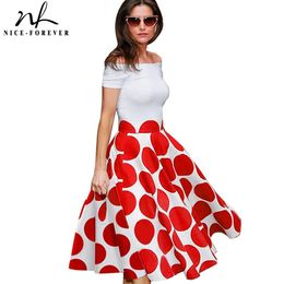 Nice-forever Retro 1950s Polka Dots Off Shoulder Dresses Party A-Line Flare Women Sun Dress btyA015 210419