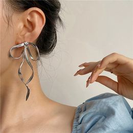 Dangle & Chandelier 2021 Korean Design Fashion Simple Silver Color Metal Line Bow Earrings Elegant Big Long Bowknot Drop Earring Female