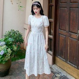 Summer Flower Embroidery Dress Women O Neck short Sleeve Long Vestidos back lace-up High Waist Hollow out cotton Dresses 210529