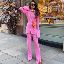 Knitted Women 2 piece Set Cardigan Sweater & Wide Leg Pants Sets Casual Outfits Autumn Winter 210930