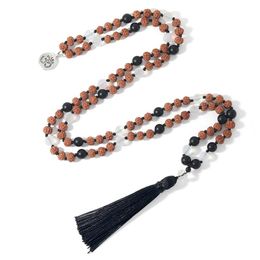 Pendant Necklaces SHINUS BOHO 108 Mala Beads Bodhi Moonstone Crystal Black Long Tassel Necklace Handmade Knotted Jewellery Friendship Gift