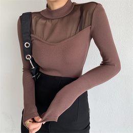 Plus Size Female Turtleneck Solid Basic Women All Match Brief Tops Full Sleeves Patchwork Lace T-Shirts 210421