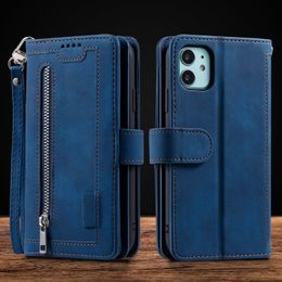 Zipper Wallet Phone Cases for iPhone 14 13 12 11 Pro Max XR XS X 7 8 Plus - Multifunction Retro PU Leather Flip Kickstand Cover Case with Coin Purse and 9 Card Slots
