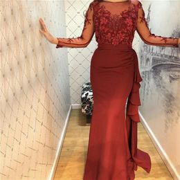 Sexy Dark Red Evening Dresses Wear Jewel Neck Mermaid Long Sleeves Lace Appliques Crystal Beads Illusion Hand Made Flowres Ruffles Prom Dress Party Formal