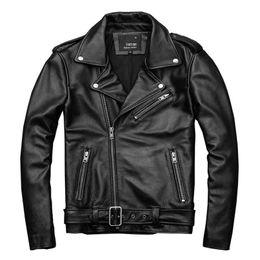 Men Classical Perfecto Motorcycle Jackets 100% Natural Calf Skin Genuine Leather Jacket Black Coat Slim 24''-27'' in Length 210923