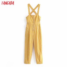 Summer Women Yellow Plaid Print Backless Long Sleeveless Female Sexy Beach Jumpsuit QN87 210416