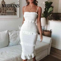NEDEINS Summer Fashion Sling Long Dress Women 2020 Casual Party Dress Female Ruffles Vestidos Plus Size Natural Solid Dress X0521