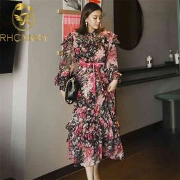 Korean version Pattern 2-piece set Temperament Dress + Suspender Chiffon Print Ruffles Long Sleeve 210506