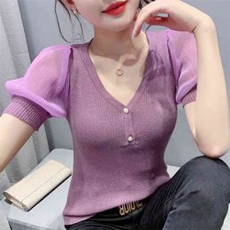 summer Womens knitting T-Shirts Puff sleeve Short Sleeves Solid Color V Neck Women T shirt Tops The 210507