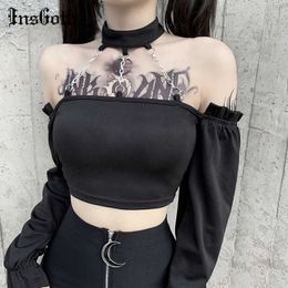 InsGoth Harajuku Streetwear Bodycon Off Shoulder Long Sleeve Tops Gothic Black Crop Tops Streetwear Punk Chain Matal Patchwork Y0629