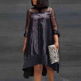 -Женщины свободные сексуальные видят через черную обложку модную вечеринку наряды плюс размер высокое низкое повседневное платье лето весенние элегантные платья 210416