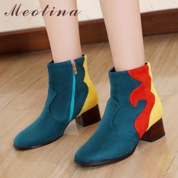 Women Boots Winter Ankle Zipper Square Heel Short Mixed Colors Round Toe Shoes Ladies Autumn Big Size 33-43 210517
