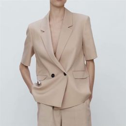 Women Summer Casual Blazers Coats ZA Solid Double Breasted Short Sleeve Female Elegant Fashion Street Blazer Outerwear 210513