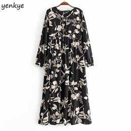 Fall Women Vintage Floral Print Dress Lace Up O Neck Long Sleeve Casual Maxi Dresses Female Autumn Plus Size 210514