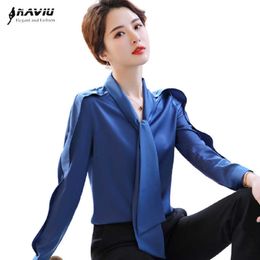 High End Blue Satin Shirt Women Design Spring Fashion Temperament Streamer Formal Blouses Office Ladies Work Tops 210604