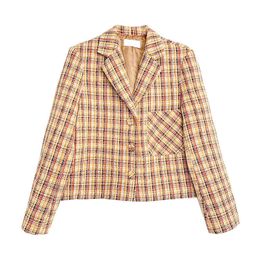 PERHAPS U Women Plaid Pocket Button Long Sleeve Notch Collar Blazer Short Cropped Single-breasted Yellow Red C0322 210529