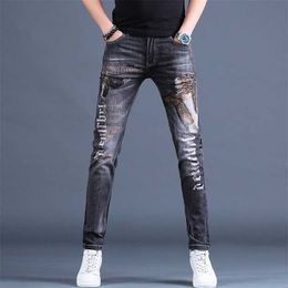 Stylish High Quality Mens Elastic Washed Denim Printed Jeans, Light Luxury Slim-fit Casual Jeans,Young Boys Must; 211111