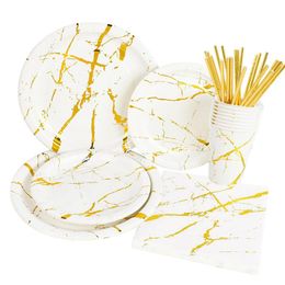 Disposable Dinnerware Gold Marbling Wedding Tableware Set Paper Plate Cups Straws For Baby Shower Kids Adult Birthday Party Decor Supplies