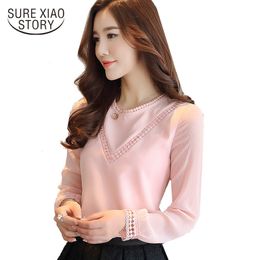 OL Shirt Spring Casual Lady Long-sleeve Chiffon Blouse Korean Stitching Solid Colour Lace Tops 620G 30 210415