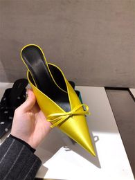 Slippers Yellow Black Women Mules Butterfy Knot Satin Leather Shoes Kitten Heels Outdoor