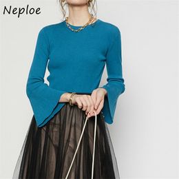 Candy Colours All-match Slim Fit Women Sweaters Autumn Japanese Style Fashion Pullovers Flare Sleeve Knitted Tops 210422