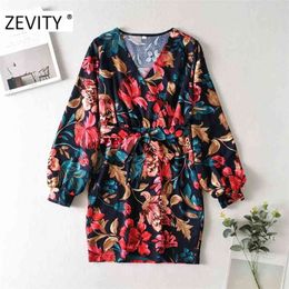 women elegant v neck flower print vestidos waist bow tied mini dress chic lady lantern sleeve slim knitted dresses DS4394 210420