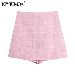 KPYTOMOA Women Chic Fashion Tweed Shorts Skirts Vintage High Waist Back Zipper Female Skort Mujer 210724