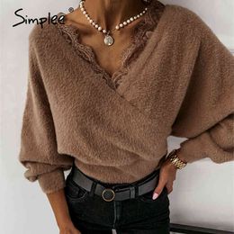 Sexy patchwork flannel sweater Lace high waist V-neck Pullover Nightclub Club winter comfort sweaters for women 210414