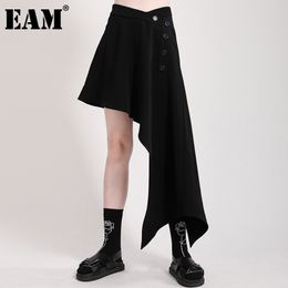 [EAM] High Elastic Waist Black Ruffles Asymmetrical Button Half-body Skirt Women Fashion Spring Summer 1DD7505 21512