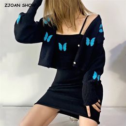 Retro Embroidery Butterfly Cardigan Korea style Long sleeve Knitted Sweater Slash Collar Package hips Midi Dress 1 Set 210429