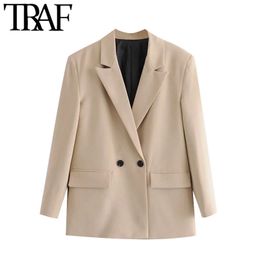 TRAF Women Fashion Double Breasted Loose Fitting Blazer Coat Vintage Long Sleeve Pockets Female Outerwear Chic Tops 210415