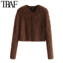 Women Fashion Faux Fur Soft Touch Cropped Knitted Cardigan Sweater Vintage Long Sleeve Female Pullovers Chic Tops 210507