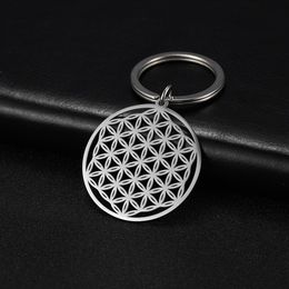 10Pcs/Set Flower of Life Round Car Key Chain Finder Pendant for to Bag Talisman Amulet Viking Stainless Steel Keyring for Gift